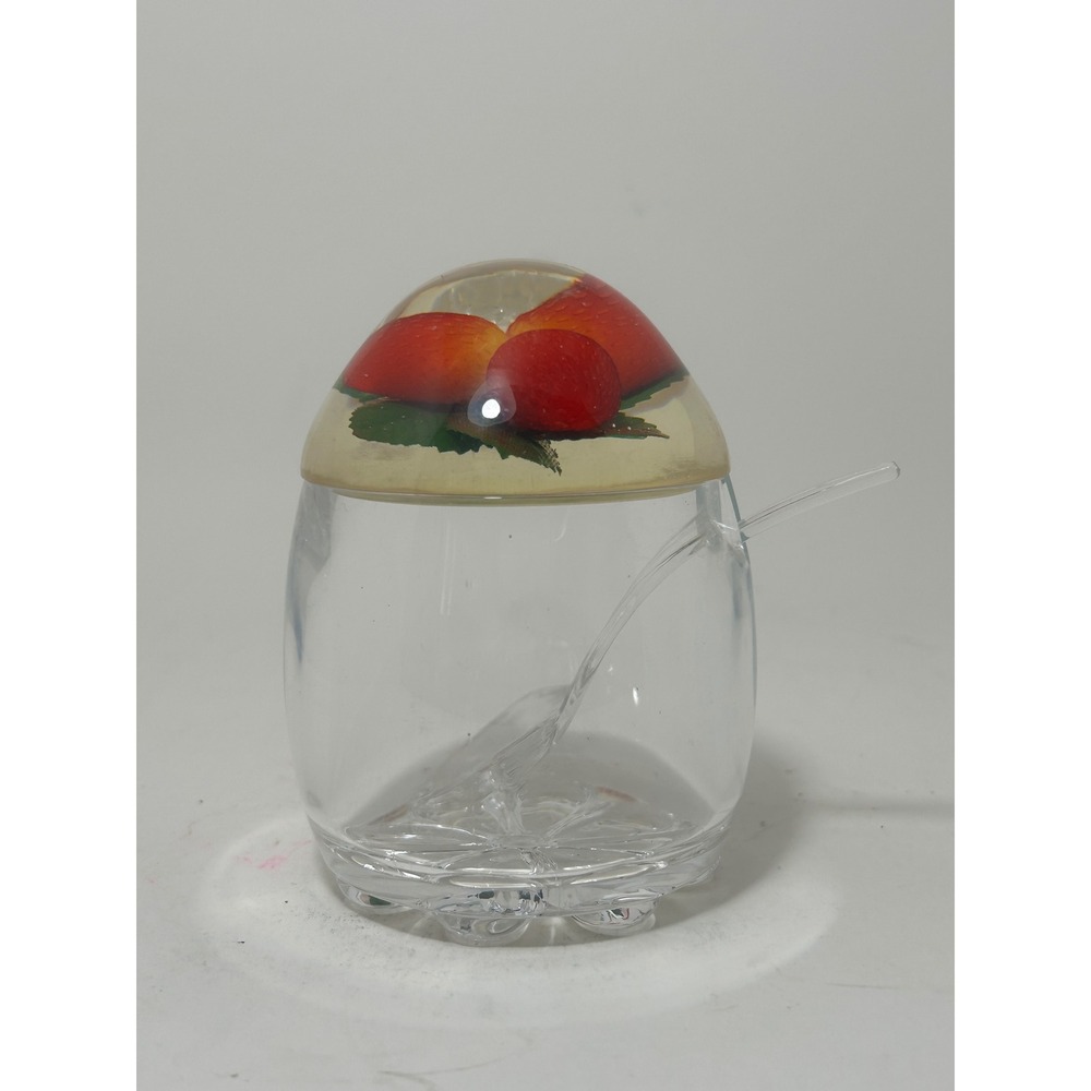 Vintage Clear lucite Acrylic Strawberry Jam Pot Bowl with Lid and Spoon 4.5in